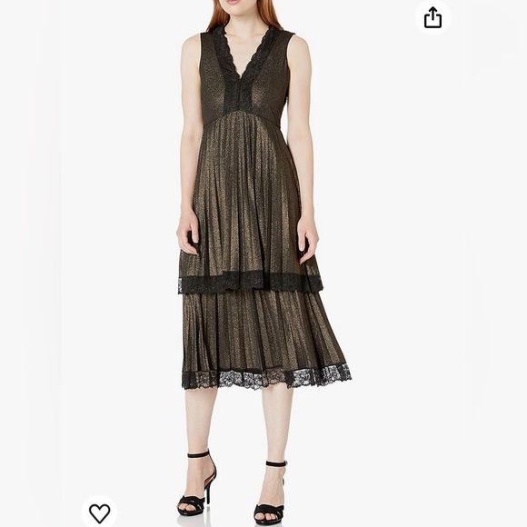 Taylor Dresses Women's Cap Sleeve Gold Liquid Pleated Midi Dress, 8 - Picture 1 of 6